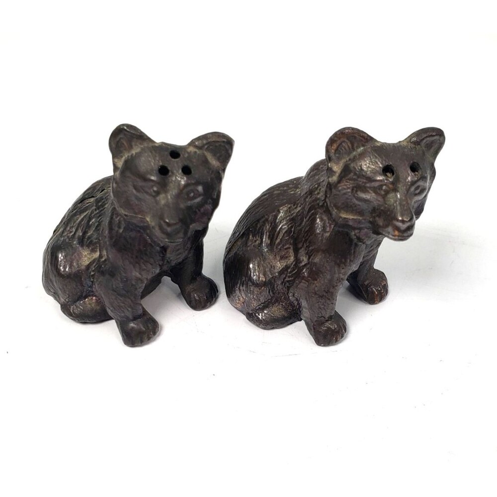 Vintage 1960's Bear Cub Shaped Metal Salt & Pepper Shakers Grizzly Japan